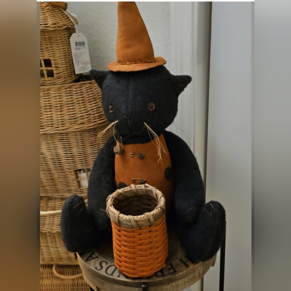 Black Cat Plush with Orange Hat Primitive